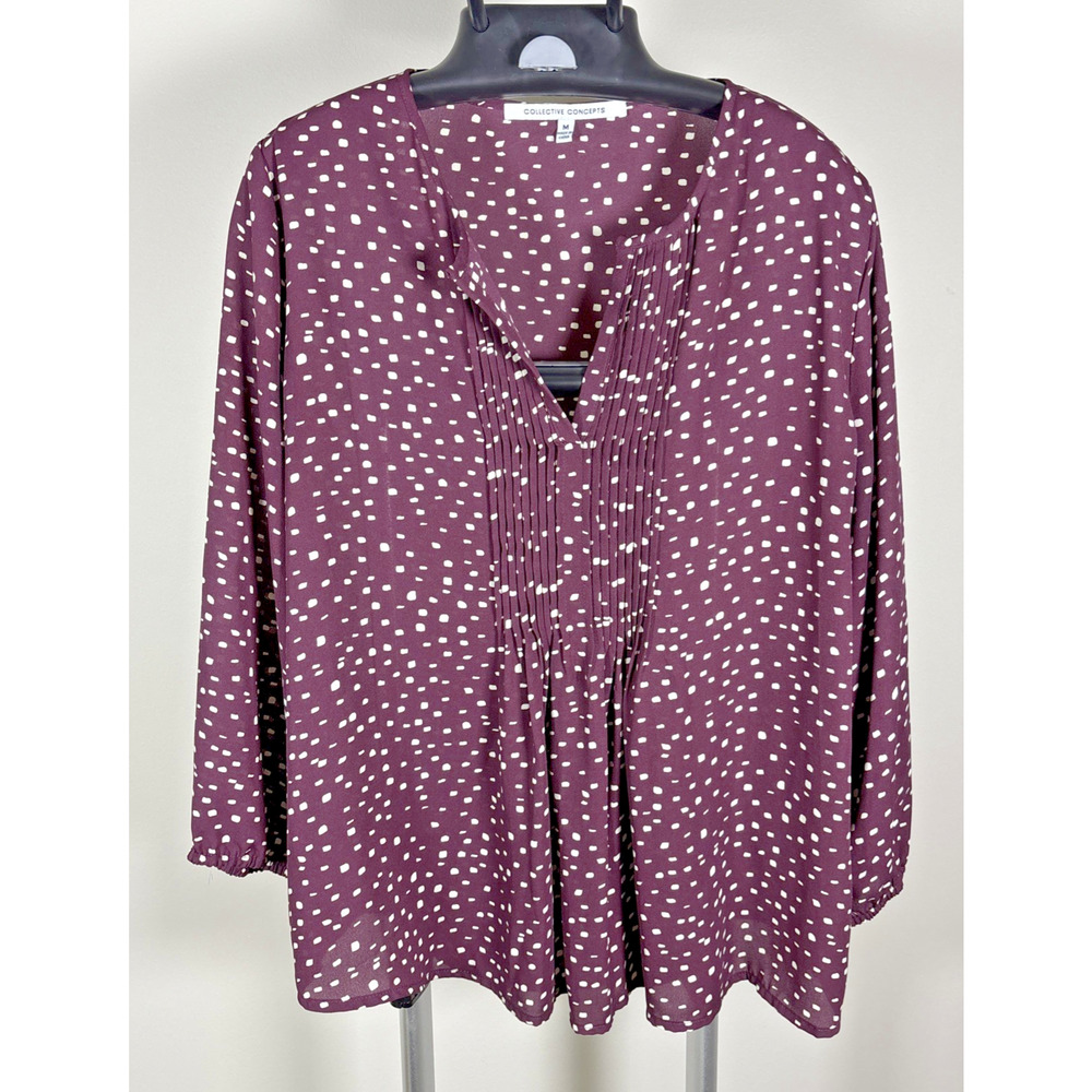 Collective Concepts Burgundy White Polka Dot Pleated V-Neck 3/4 Sleeve Blouse M